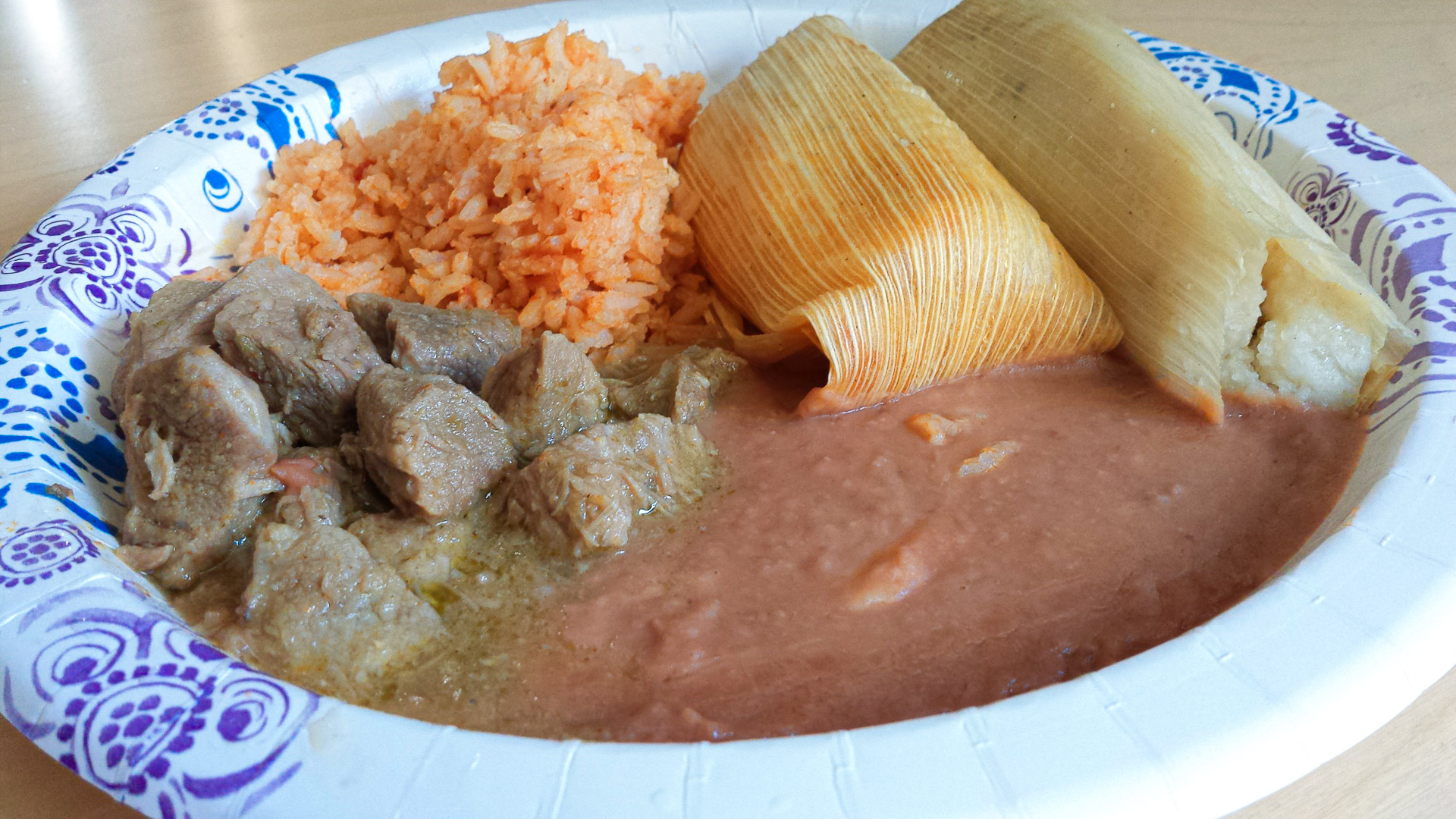 Verde, Tamale, Beans and Rice