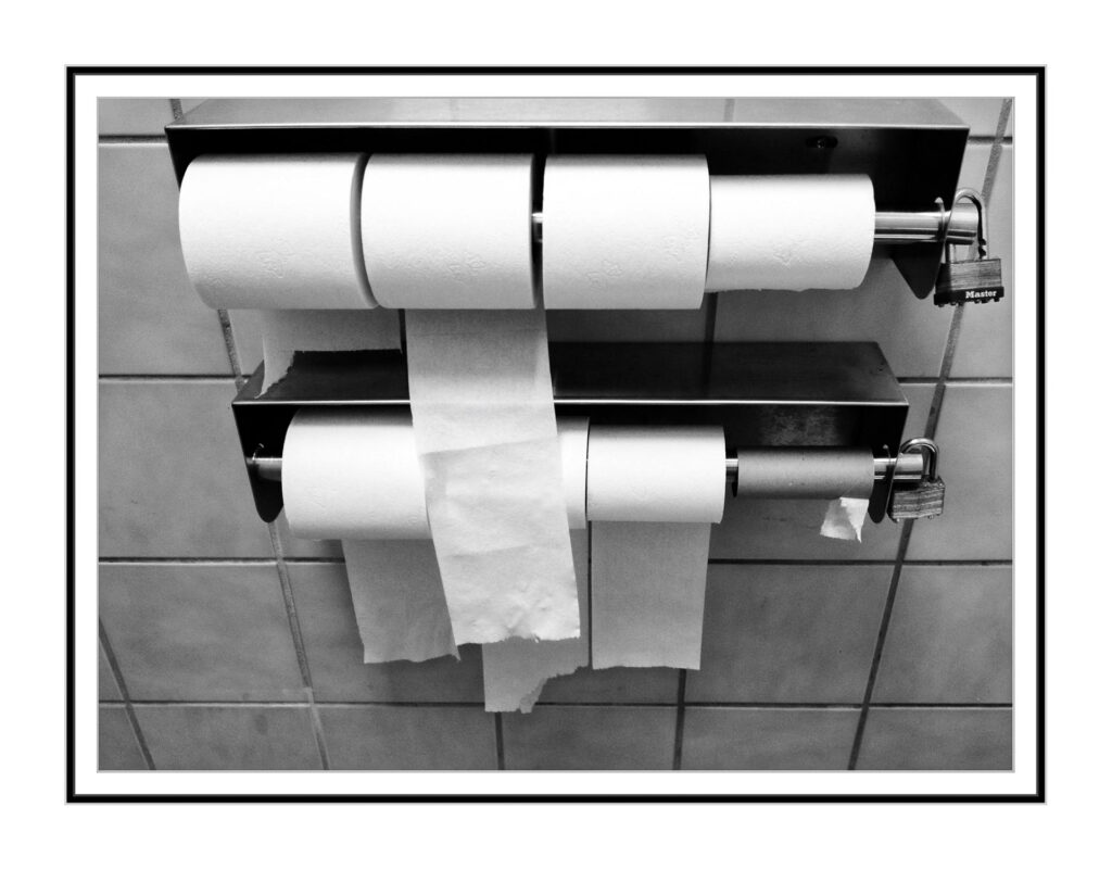 Lockable multi-roll commercial toilet paper dispenser in a public restroom.
