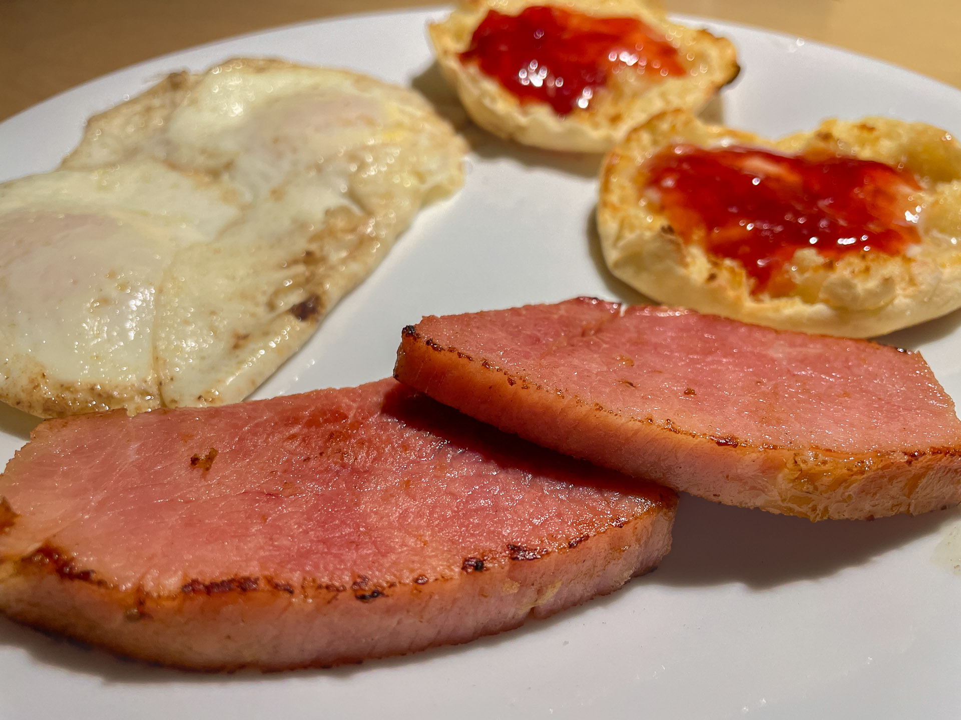 Ham and Eggs with Muffins and Jam