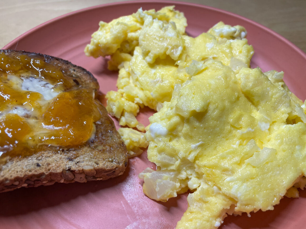 Scrambled Eggs and Toast with Peach Jam