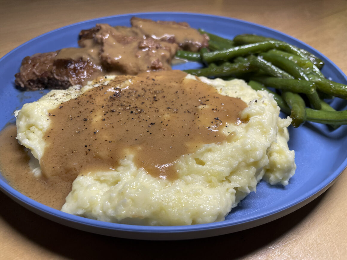 Gravy, Mashed Potatoes, Green Beans and Beef