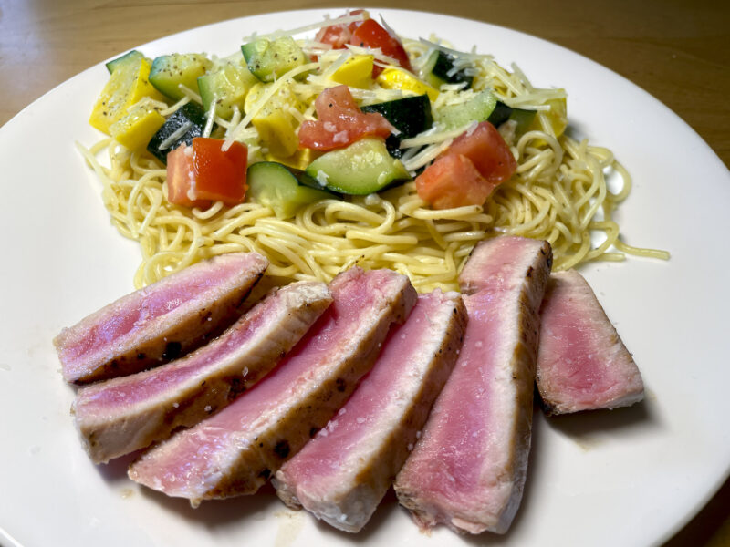 Ahi Tuna with Squash and Tomato Pasta