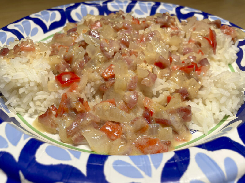 White Rice w/Red Pepper, Onion, and Bacon Gravy