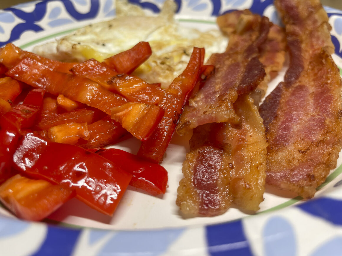 Bacon, Eggs, and Sliced Red Pepper