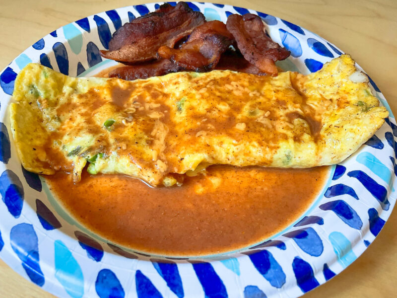 Enchilada Sauce Omelet and Bacon