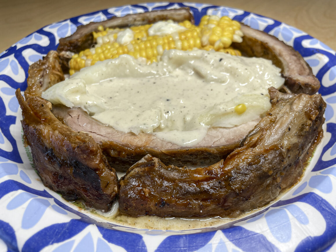 Ribs, Mashed Potatoes with Gravy, and Corn on the Cob