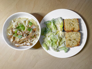 Penne Alfredo, Garlic Bread, Salad