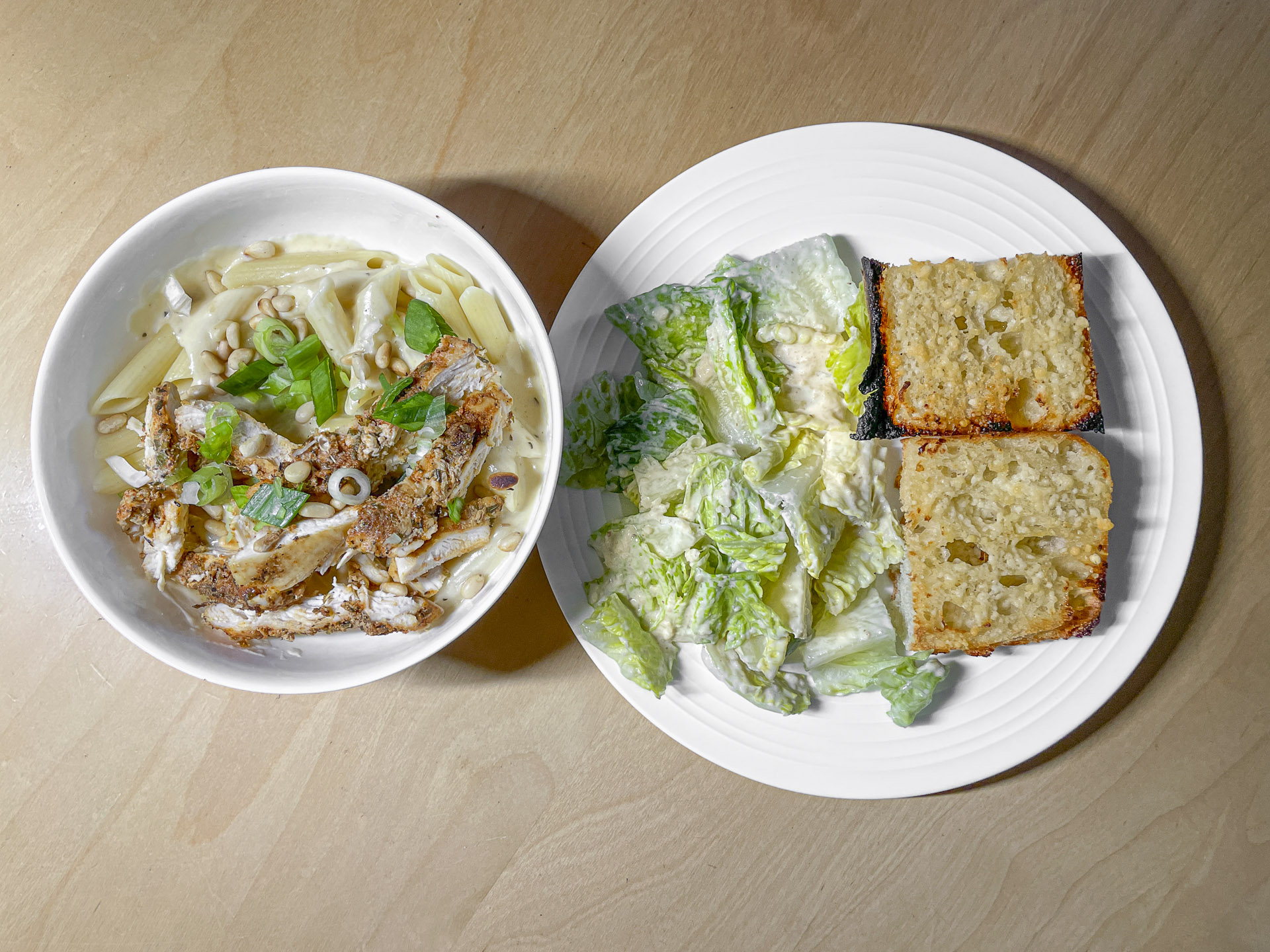 Penne Alfredo, Garlic Bread, Salad