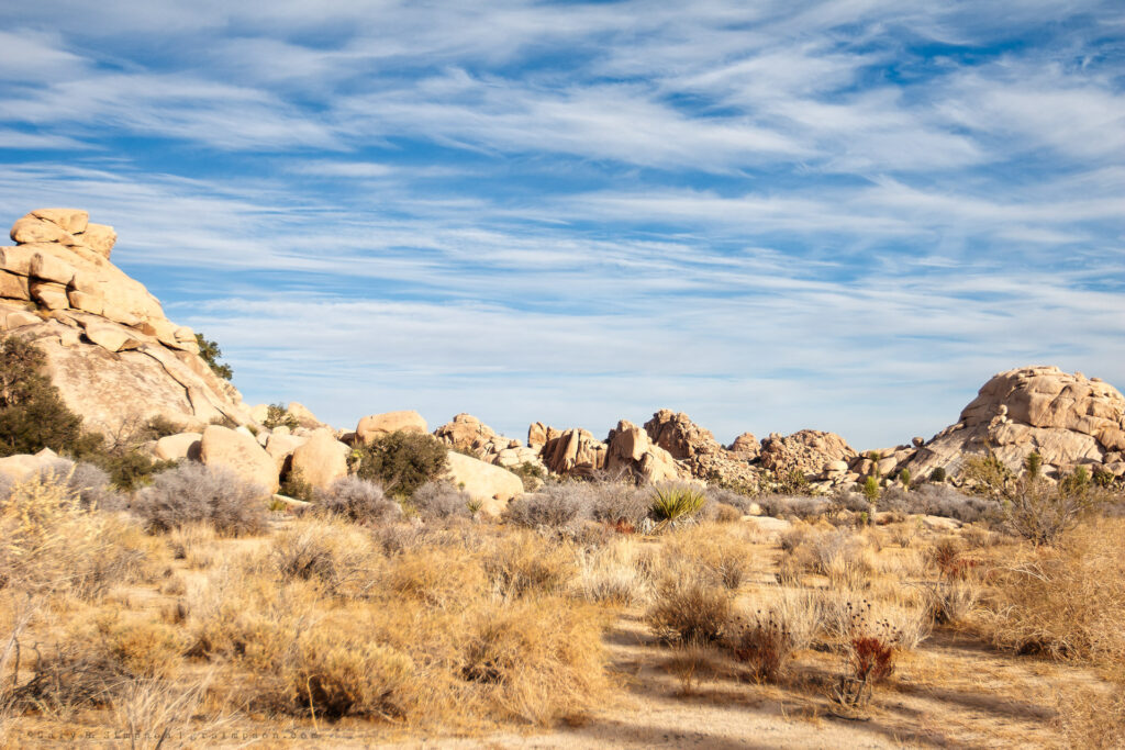 Clouds Over Rocks Behind Desert Scrub