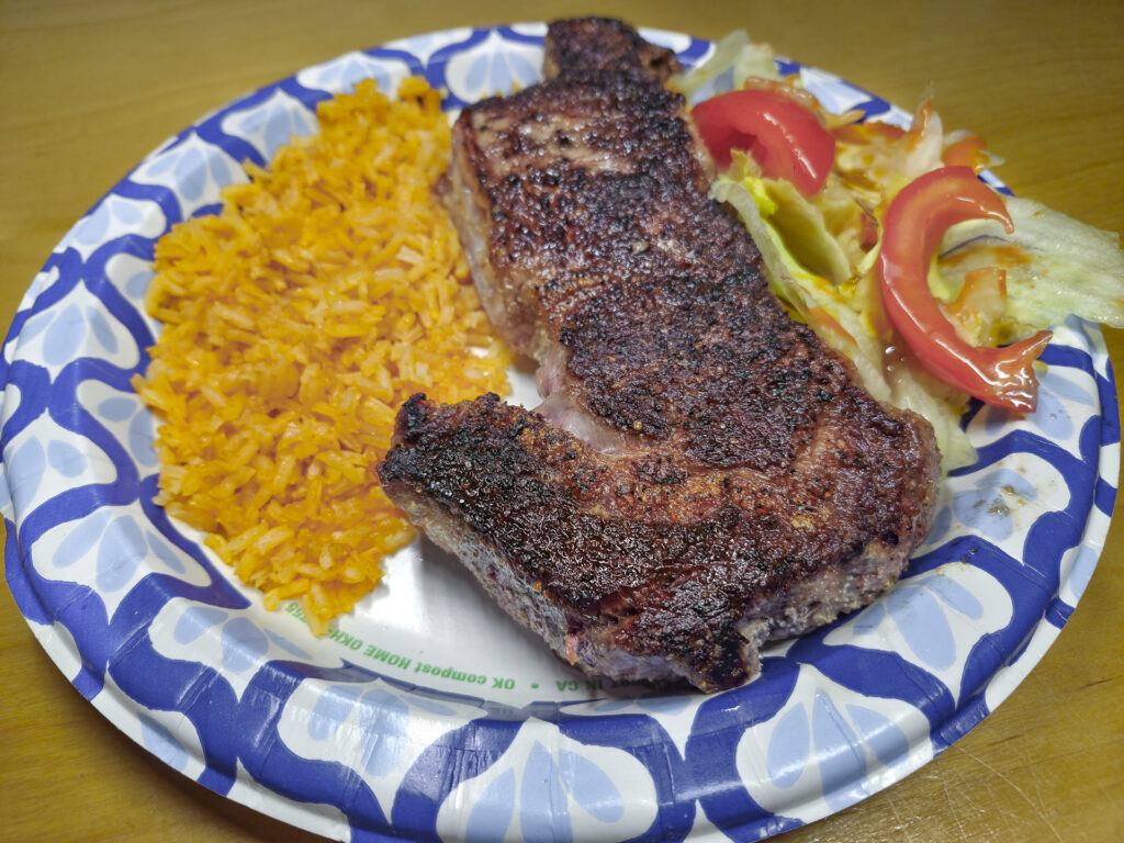Rib Eye, Rice, and Salad