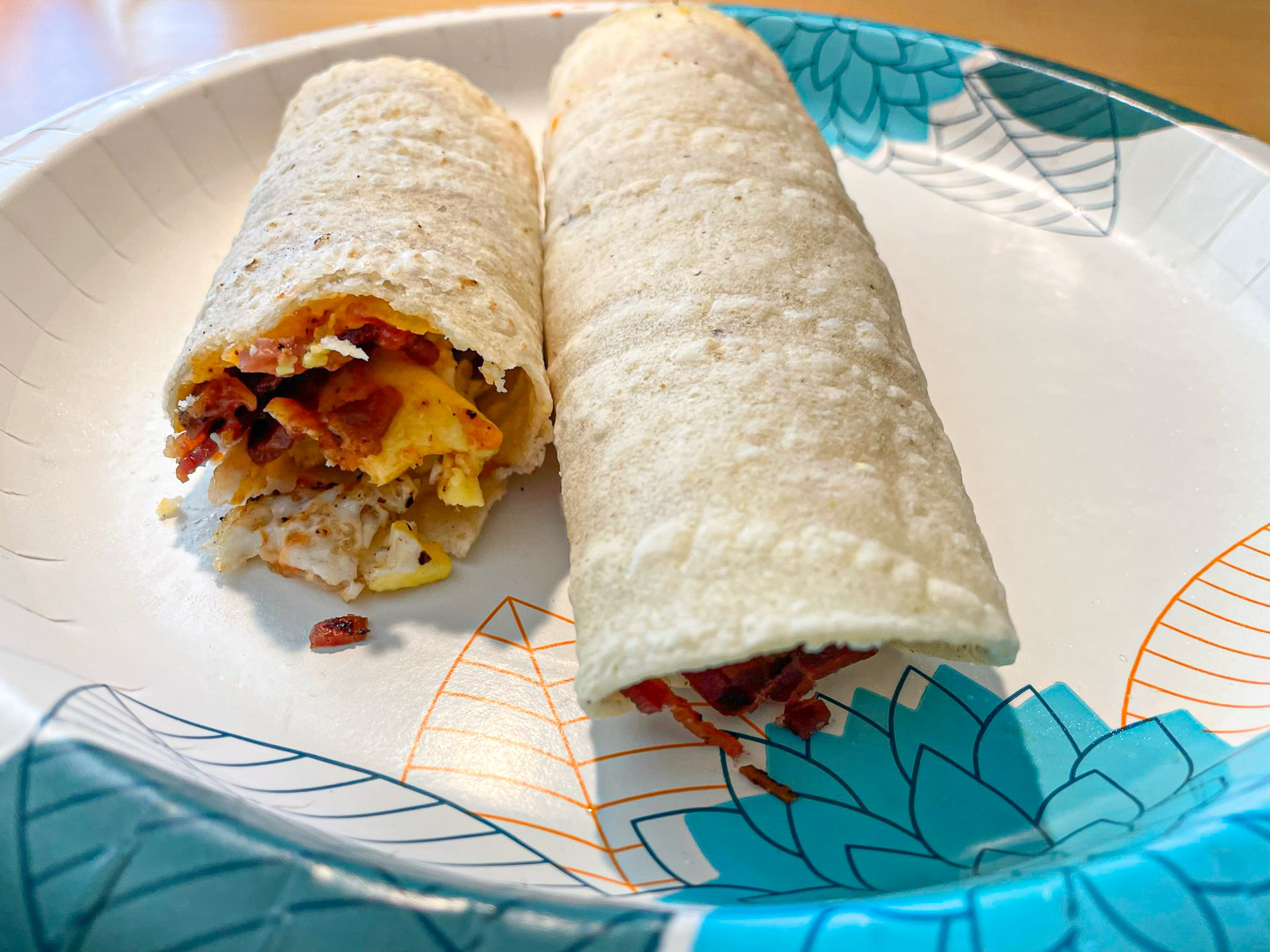 corn tortilla bacon and egg wrap