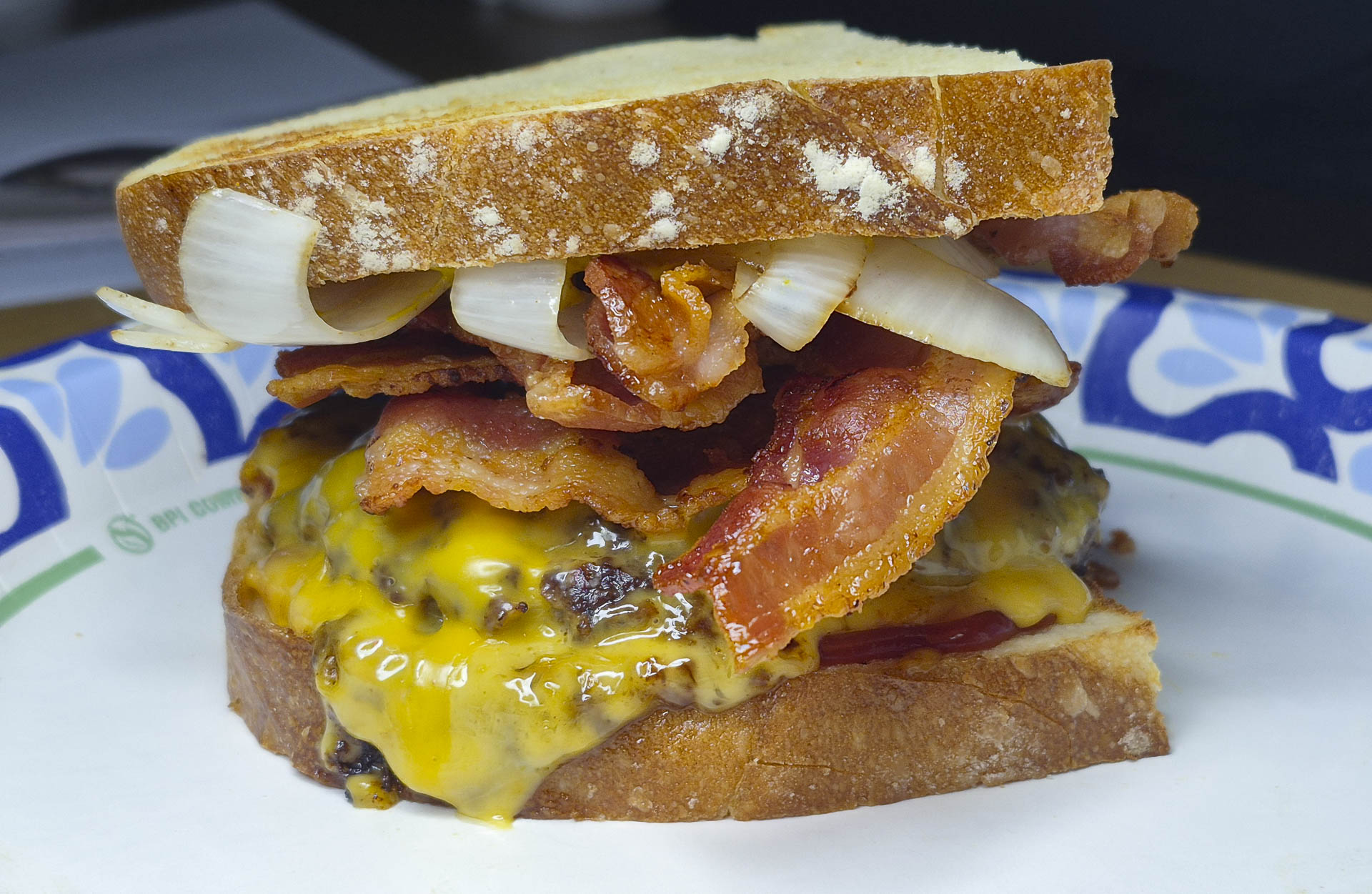 Bacon Cheeseburger w/onion on Sourdough