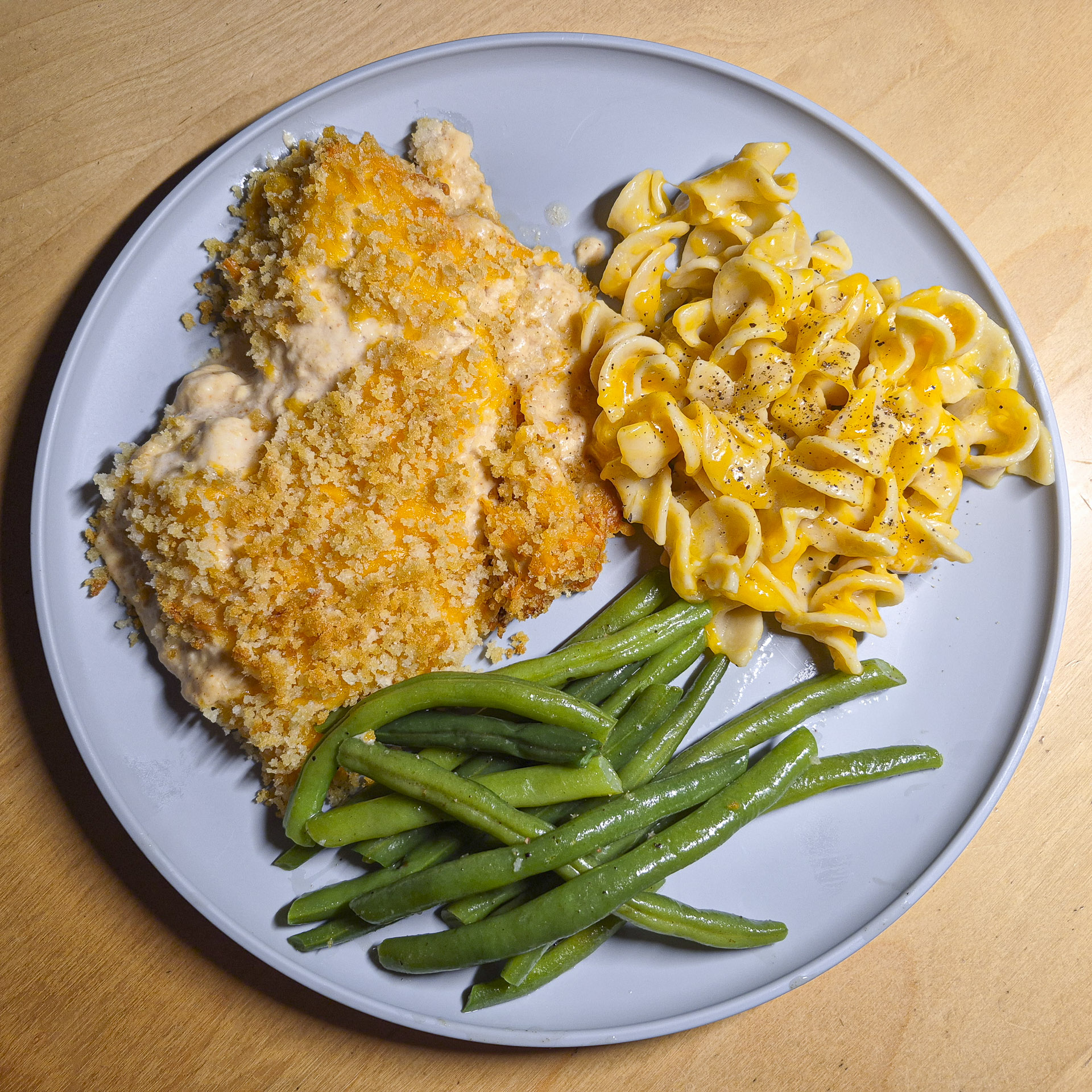 Chicken Casserole, Green Beans, Garlic Cheese Noodles