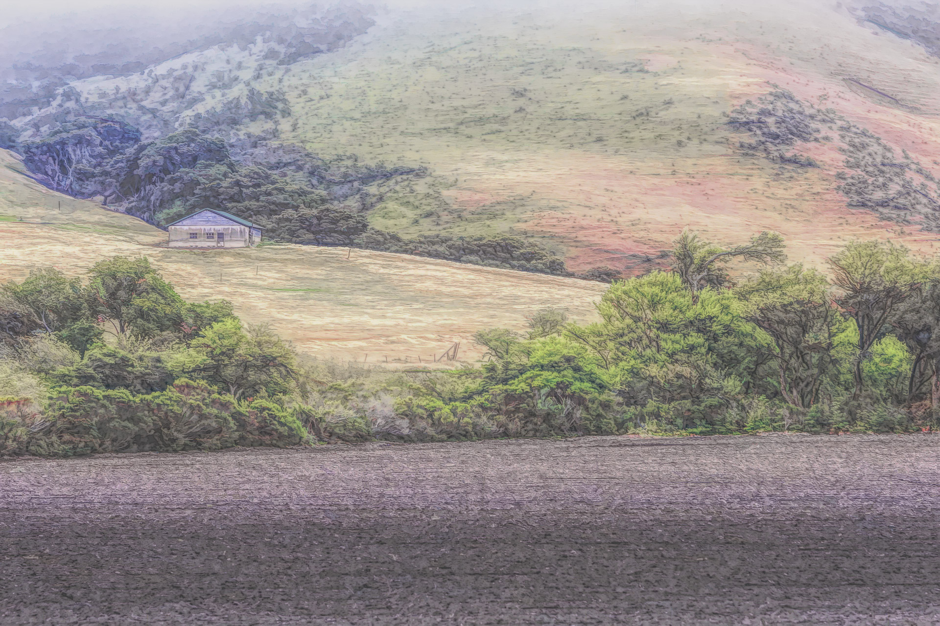 Rural landscape along Jalama Beach Road in Santa Barbara County, California, featuring rolling hills, a small farm building, green trees, and a freshly plowed field.