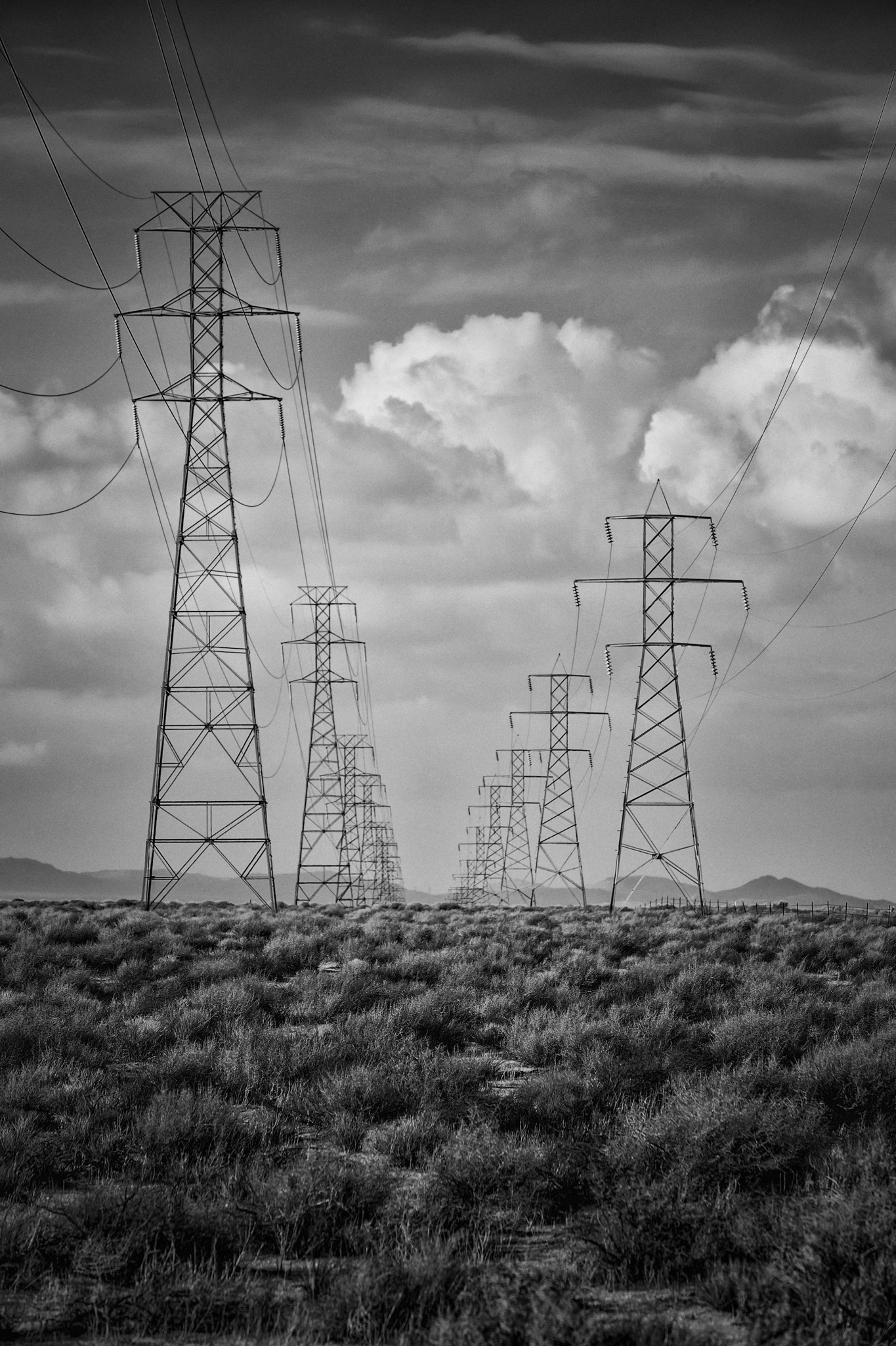 Black-and-white photograph of towering electrical transmission lines stretching into the distance across a desert landscape, beneath dramatic clouds and a darkened sky.