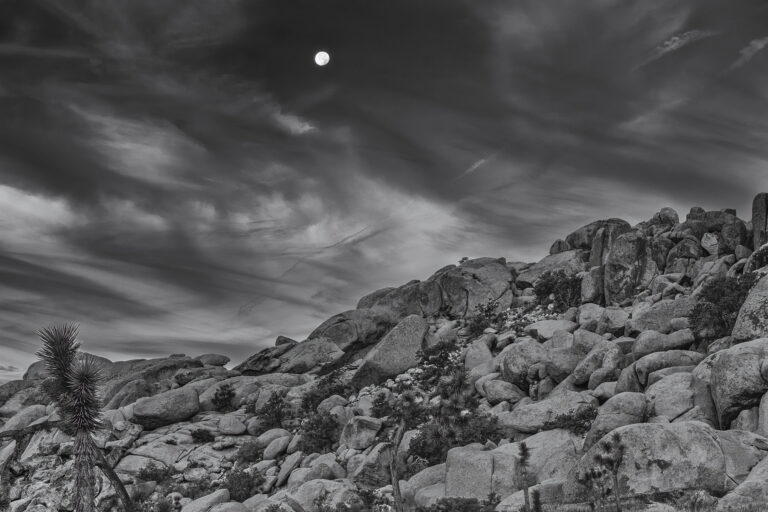 Black-and-white landscape of Joshua trees and rugged granite boulders beneath a dramatic, cloud-filled sky, with a bright moon visible overhead.